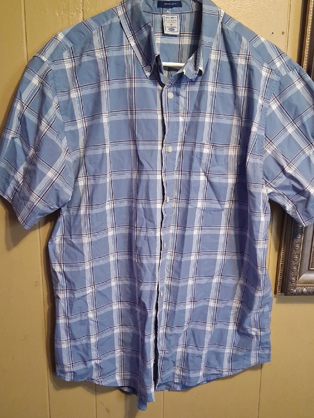 Old Navy Blue and White Plaid Short-Sleeve Button-Down Shirt